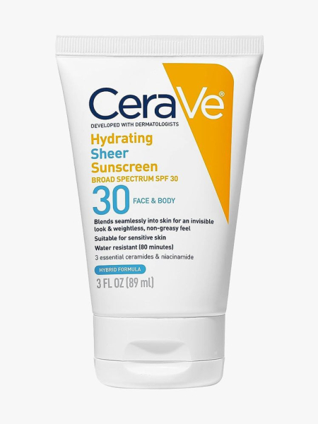 CeraVe Hydrating Sheer Sunscreen SPF 30 white tube with orange and blue accents on light gray background